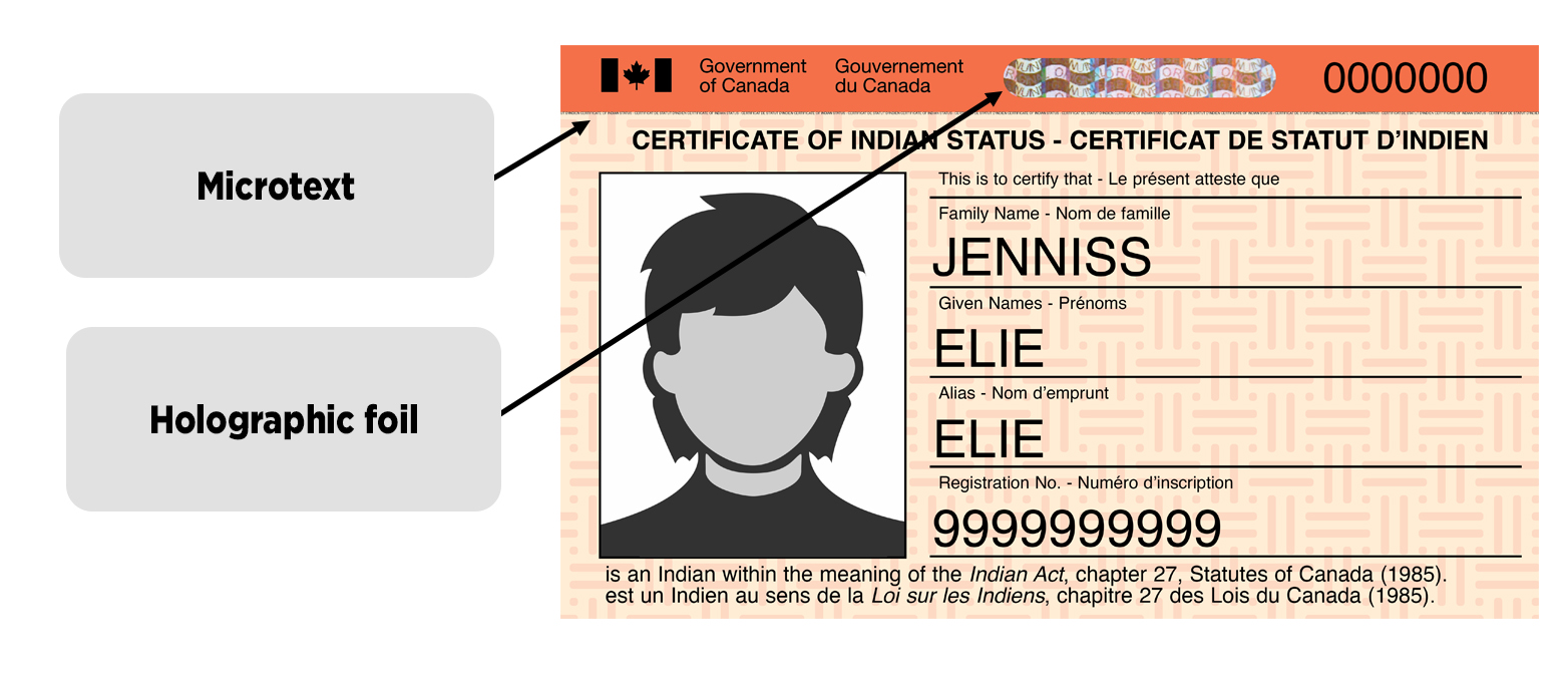 Image of the front of a CIS card with the microtext and the holographic foil indicated
